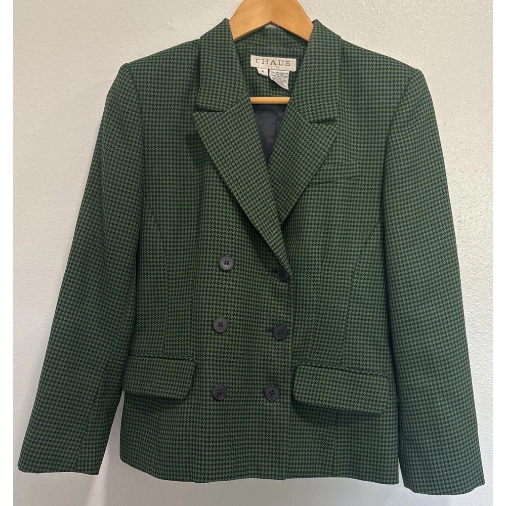 VTG Chaus Petite Blazer Double Breasted Green And Black Houndstooth Lined Sz 8
